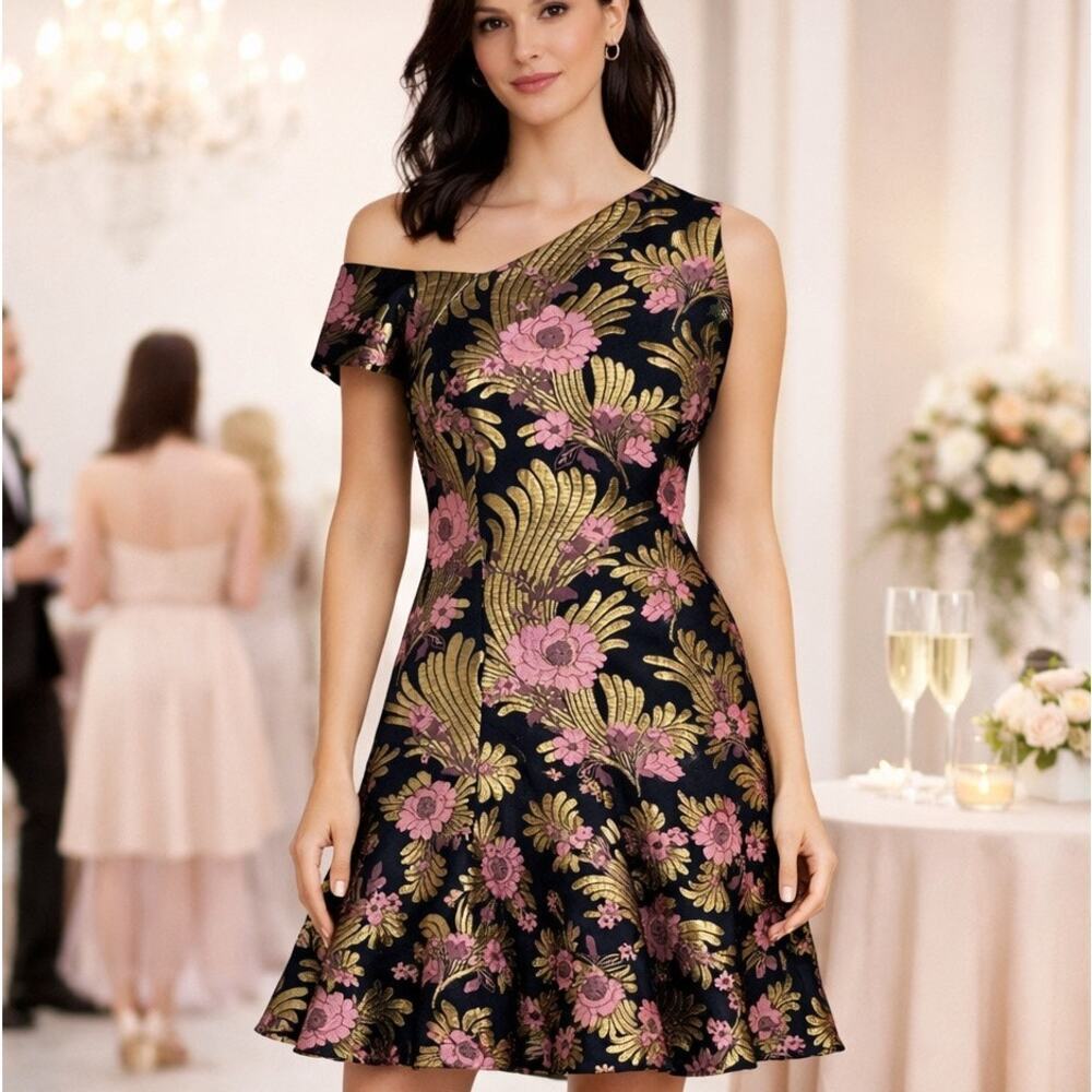 Josie Natori Floral Jacquard Dress Off Shoulder Black Gold Pink Fit Flare Size 4 - Picture 2 of 9